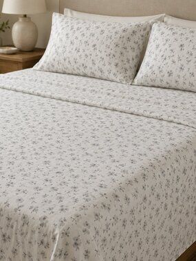 Martha Stewart FLAT SHEET Floral Pattern White Grey 100% Cotton 84X204" Cottage